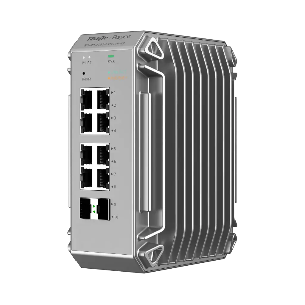 Industrial. Administrable; 8 puertos PoE+ y 2 puertos SFP uplink; Capacidad de conmutación 20 Gbps; Transmision 250m.