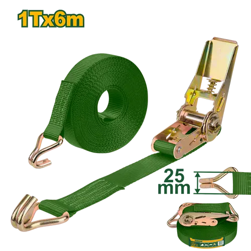 [JDRT13106] CINTA DE AMARRE - CARGA: 1T LARGO: 6M ANCHO: 25 MM MATERIAL DE LA CINTA: PES CON TRINQUETE Y GANCHOS DOBLE J EMPAQUETADO POR ETIQUETA